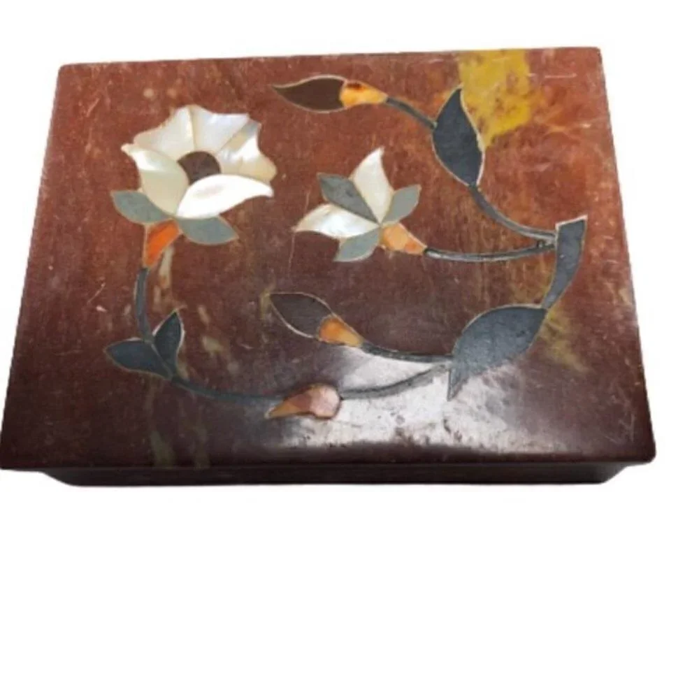 Hand Carved Stone Mother of Pearl Trinket Box